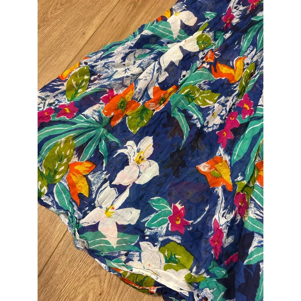 Generalities Vintage Floral Cotton Midi Skirt Blue Orange White Green Tropical M